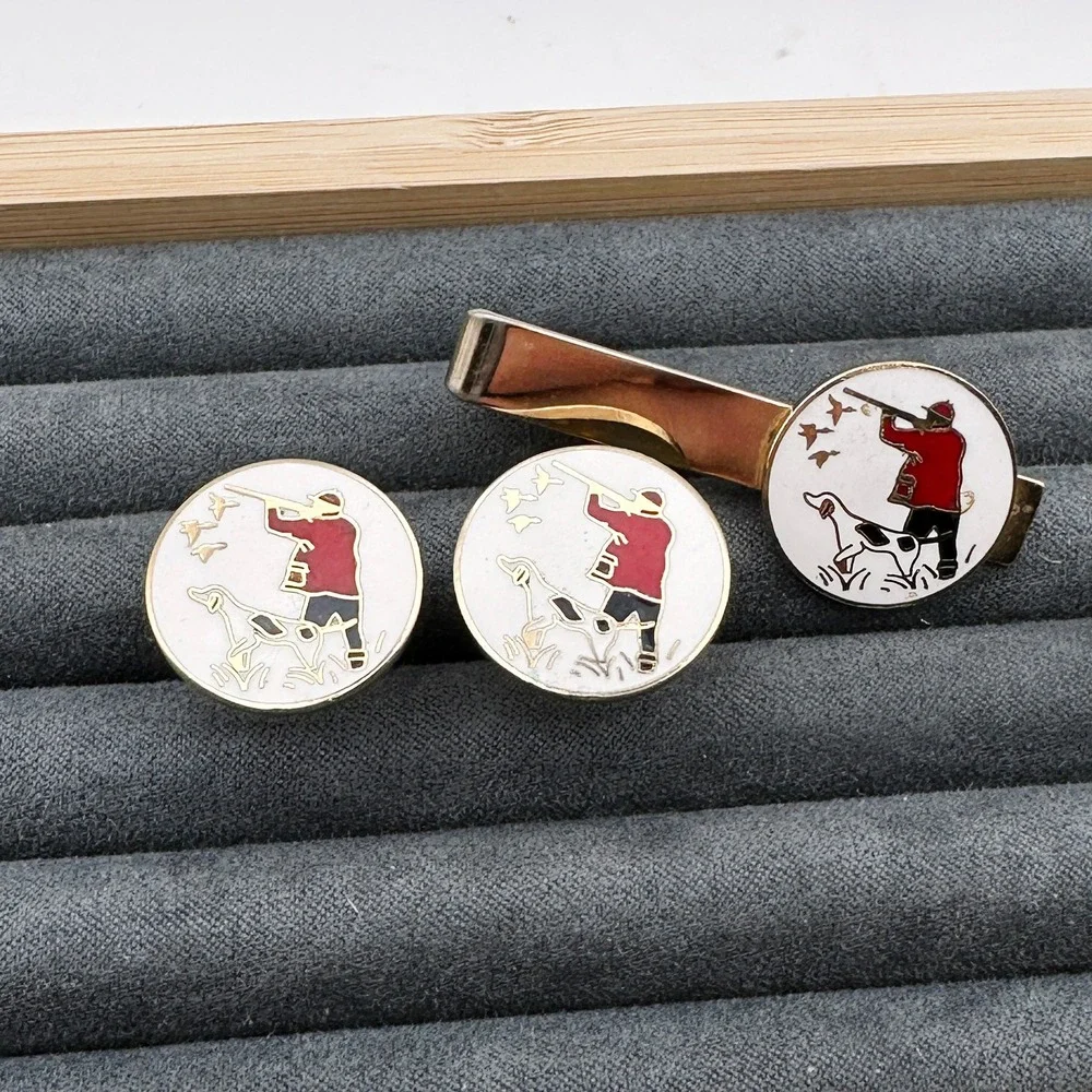 Vintage Swank‎ Gold Tone Enamel Cufflinks Tie Clip Duck Hunting Hunter Dog Birds